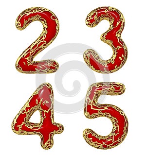 Number set 2, 3, 4, 5 made of realistic 3d render golden shining metallic. Collection of gold shining metallic with red