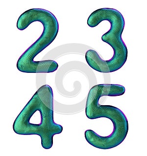 Number set 2, 3, 4, 5 made of realistic 3d render green color. Collection of natural snake skin texture style symbol