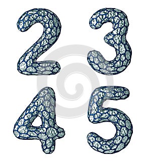 Number set 2, 3, 4, 5 made of realistic 3d render silver shining metallic.