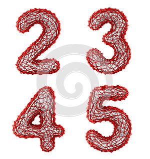 Number set 2, 3, 4, 5 made of red plastic 3d rendering