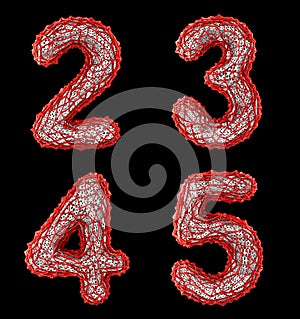 Number set 2, 3, 4, 5 made of red plastic 3d rendering