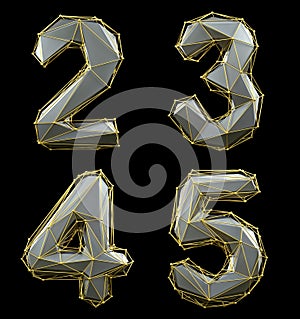 Number set 2, 3, 4, 5 made of silver color glass. Collection symbols of gold low poly style silver color glass isolated