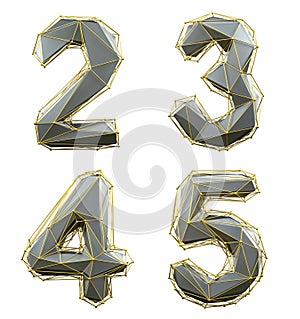 Number set 2, 3, 4, 5 made of silver color glass. Collection symbols of gold low poly style silver color glass isolated