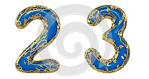Number set 2, 3 made of realistic 3d render golden shining metallic. Collection of gold shining metallic with blue color