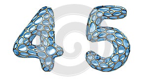 Number set 4, 5 made of realistic 3d render golden shining metallic. Collection of gold shining metallic with blue color