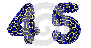 Number set 4, 5 made of realistic 3d render golden shining metallic. Collection of gold shining metallic with blue color