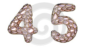 Number set 4, 5 made of realistic 3d render golden shining metallic. Collection of gold shining metallic with pink color