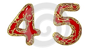 Number set 4, 5 made of realistic 3d render golden shining metallic. Collection of gold shining metallic with red color