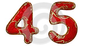 Number set 4, 5 made of realistic 3d render golden shining metallic. Collection of gold shining metallic with red color