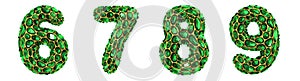 Number set 6, 7, 8, 9 made of 3d render diamond shards green color.