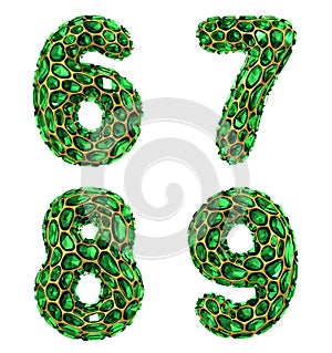 Number set 6, 7, 8, 9 made of 3d render diamond shards green color.