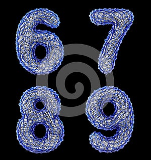 Number set 6, 7, 8, 9 made of blue plastic 3d rendering