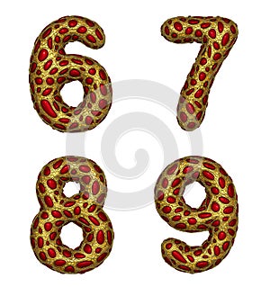 Number set 6, 7, 8, 9 made of realistic 3d render golden shining metallic.