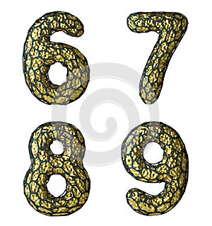 Number set 6, 7, 8, 9 made of realistic 3d render golden shining metallic.