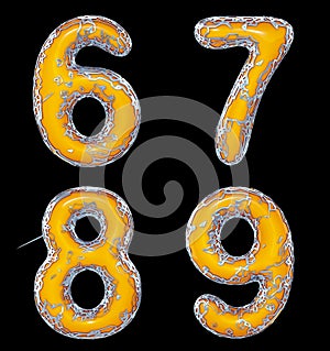 Number set 6, 7, 8, 9 made of realistic 3d render golden shining metallic. Collection of gold shining metallic with