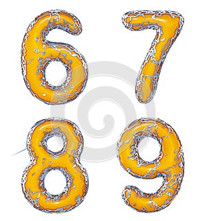 Number set 6, 7, 8, 9 made of realistic 3d render golden shining metallic. Collection of gold shining metallic with