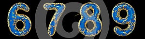 Number set 6, 7, 8, 9 made of realistic 3d render golden shining metallic. Collection of gold shining metallic with blue