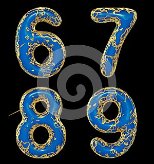 Number set 6, 7, 8, 9 made of realistic 3d render golden shining metallic. Collection of gold shining metallic with blue