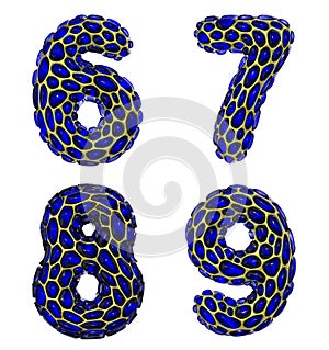 Number set 6, 7, 8, 9 made of realistic 3d render golden shining metallic. Collection of gold shining metallic with blue