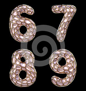 Number set 6, 7, 8, 9 made of realistic 3d render golden shining metallic. Collection of gold shining metallic with pink