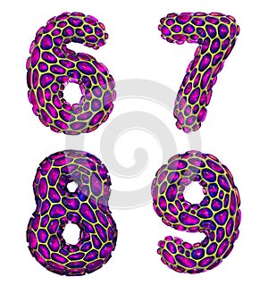 Number set 6, 7, 8, 9 made of realistic 3d render golden shining metallic. Collection of gold shining metallic with pink