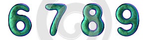 Number set 6, 7, 8, 9 made of realistic 3d render green color. Collection of natural snake skin texture style symbol