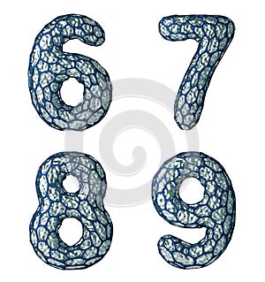 Number set 6, 7, 8, 9 made of realistic 3d render silver shining metallic.