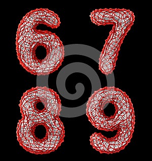 Number set 6, 7, 8, 9 made of red plastic 3d rendering
