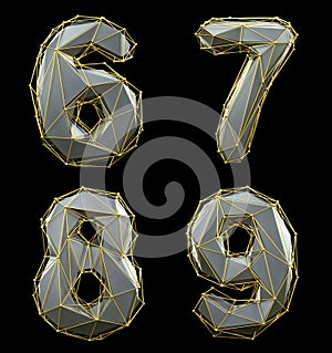 Number set 6, 7, 8, 9 made of silver color glass. Collection symbols of gold low poly style silver color glass isolated