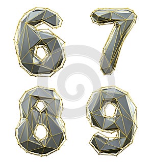 Number set 6, 7, 8, 9 made of silver color glass. Collection symbols of gold low poly style silver color glass isolated