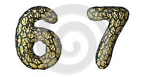 Number set 6, 7 made of realistic 3d render golden shining metallic.