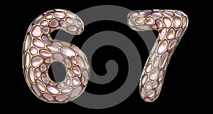 Number set 6, 7 made of realistic 3d render golden shining metallic. Collection of gold shining metallic with pink color