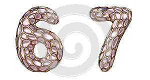 Number set 6, 7 made of realistic 3d render golden shining metallic. Collection of gold shining metallic with pink color