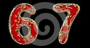 Number set 6, 7 made of realistic 3d render golden shining metallic. Collection of gold shining metallic with red color