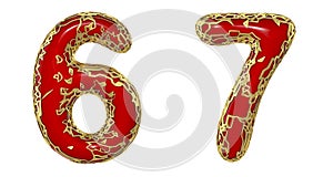 Number set 6, 7 made of realistic 3d render golden shining metallic. Collection of gold shining metallic with red color