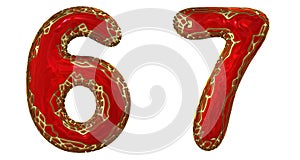 Number set 6, 7 made of realistic 3d render golden shining metallic. Collection of gold shining metallic with red color