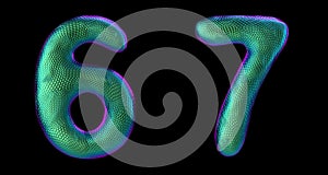 Number set 6, 7 made of realistic 3d render green color. Collection of natural snake skin texture style symbol