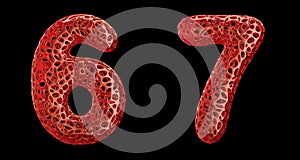 Number set 6, 7 made of red plastic 3d rendering