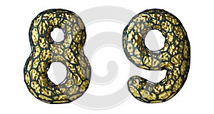 Number set 8, 9 made of realistic 3d render golden shining metallic.