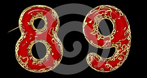 Number set 8, 9 made of realistic 3d render golden shining metallic. Collection of gold shining metallic with red color