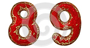 Number set 8, 9 made of realistic 3d render golden shining metallic. Collection of gold shining metallic with red color