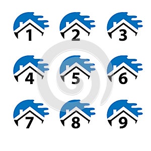 Number set button with blue house, icon set. Flat design.