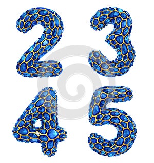 Number set 2, 3, 4, 5, made of 3d render diamond shards blue color. photo