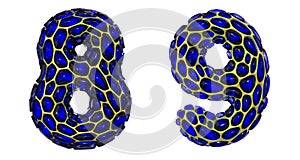 Number set 8, 9 made of realistic 3d render golden shining metallic. Collection of gold shining metallic with blue color