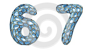 Number set 6, 7 made of realistic 3d render golden shining metallic. Collection of gold shining metallic with blue color