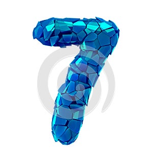 Number seven 7 made of broken plastic blue color isolated white background