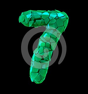 Number seven 7 made of broken plastic green color isolated black background