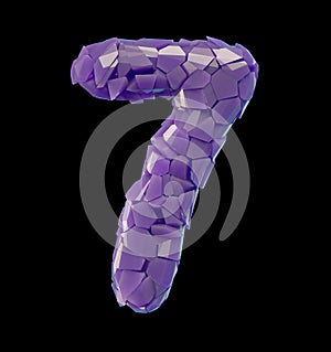 Number seven 7 made of broken plastic purple color isolated black background