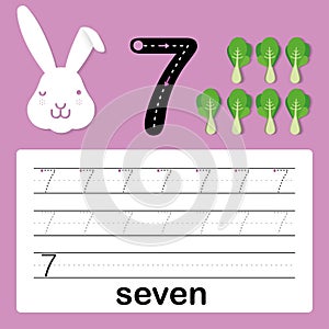 Number seven, card for kids learning to count and to write, worksheet for kids to practice writing skill, Vector illustration