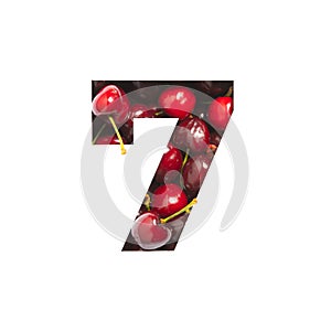 Number seven made of cherries and paper cut in shape of seventh numeral isolated on white. Typeface of berries